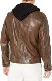 LAMARQUE Men's Slayer Washed Lambskin Leather Biker Jacket with Removable French Terry Hoodie