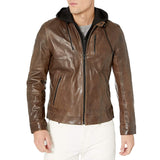 LAMARQUE Men's Slayer Washed Lambskin Leather Biker Jacket with Removable French Terry Hoodie