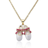 Little Miss Twin Stars14k Girls Necklace Gold Plated Enamel Bow & Ballerina Shoes Ballet Necklace