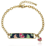Little Miss Twin Stars "Identity Crisis" 14k Gold-Plated Chain Bracelet with Blue Enamel Name Plate with Multicolored Butterflies and Hanging Butterfly Charm